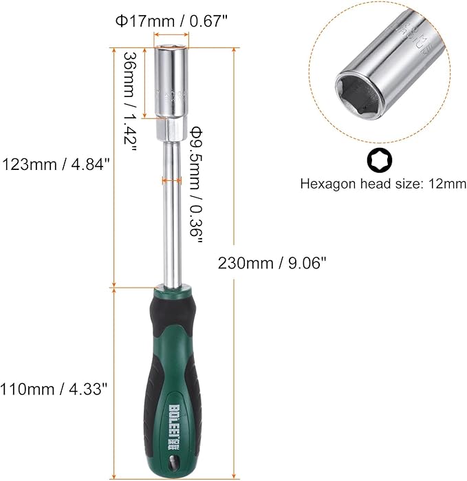 HARFINGTON Metric Nut Driver 12mm CR-V Non-Magnetic Tip Hollow Shafts Hex Socket Screwdriver with Non-Slip Handle for Automobile Repair