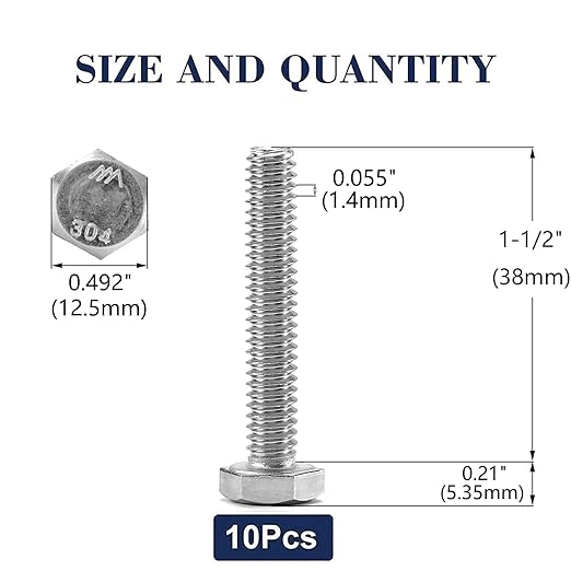 5/16-18 x 1-1/2" Hex Head Screw Bolt, 10Pcs 18-8 (304) Stainless Steel, Fully Threaded, Plain Finish, by SG TZH