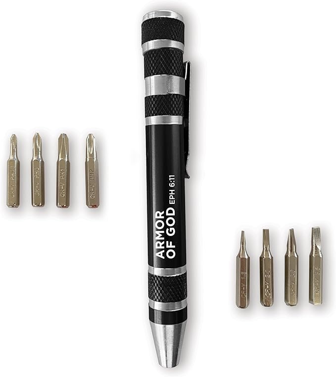 LOGOS TRADING POST 8-in-1 Bible Verse Pen Screwdriver Multitool - Armor of God, Eph 6:11 - Hidden 4.5" x 0.5" Pen Multitool with Screwdriver Bits, Storage Space & More - Christian Pocket Tools For Men