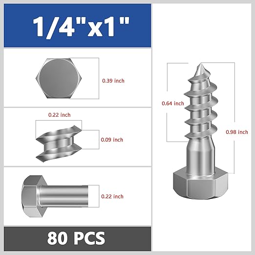 Lag Screws Wood Screws,(80PCS, 1/4"x1", Silver) Hex Head Lag Bolts,(6x25) Heavy Duty Lag Screws,304 Stainless Steel Bolts 18-8