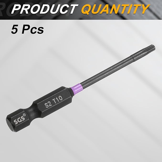 HARFINGTON 5pcs T10 Torx Head Impact Screwdriver Bits 1/4" Hex Shank 2.6" (65mm) Long Magnetic No Hole Tamper Proof 6 Point Star Screw Driver Drill Bits Phosphate S2 Steel Power Tools