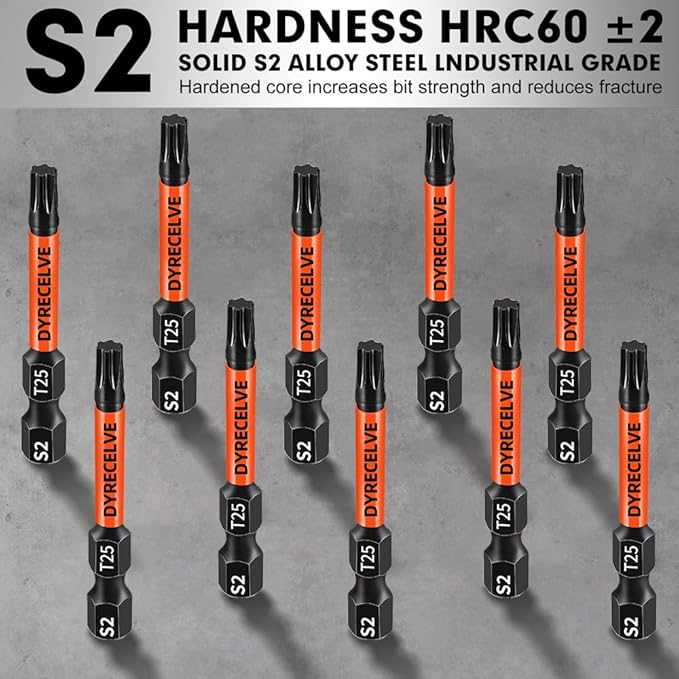 10-Pack T25 Torx Bits for Impact Driver, T-25 Torx/Star Bit Set 2'' Long, Magnetic Torque Head, Premium S2 Alloy Steel, 1/4'' Hex-Shank for Professional & DIY Use