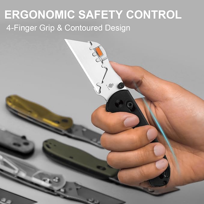 Kizer Uti Bear(Tool-Free Version) Folding Utility Knife, Quick Change Box Cutter EDC knife with 5PCS Razor Blades, Clutch Lock & Pocket Clip Small Pocket Knives for Men Women V3619JM2