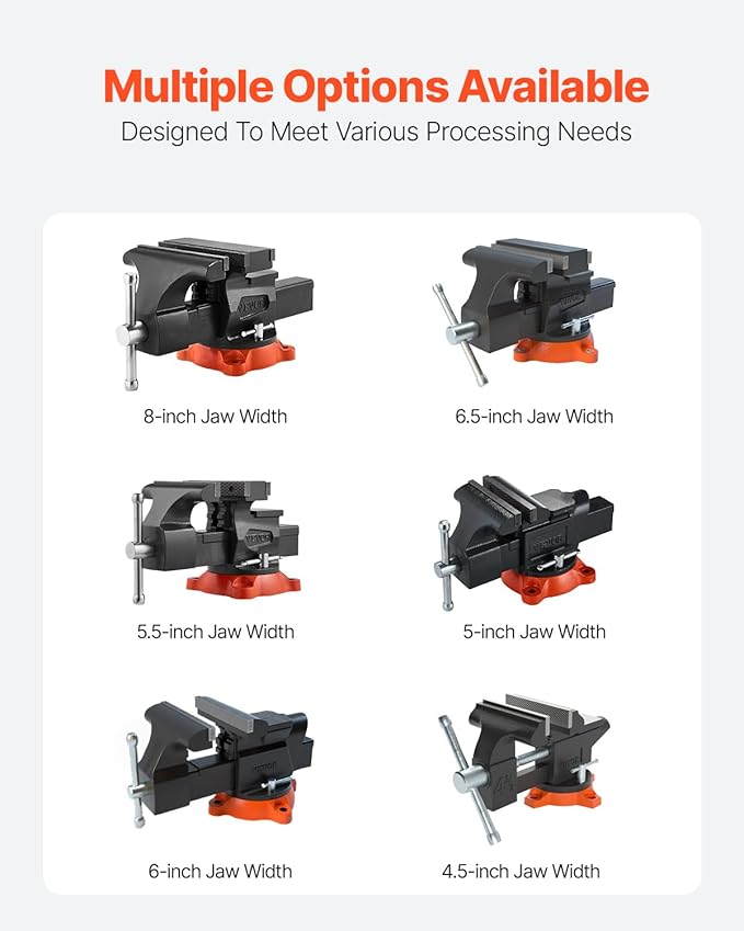 VEVOR Bench Vise, 8" Jaw Width, 8" Max Jaw Opening Multipurpose Vise with 360째 Swivel Locking Base, 3.7" Throat Depth, Heavy Duty Ductile Iron Workbench Vise, Two-Way Jaws for Clamping Round Pipes
