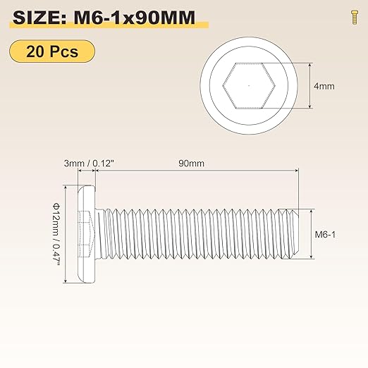 METALLIXITY Flat Head Hex Socket Cap Screws Bolts(M6-1x90) 20Pcs, Steel Hex Socket Furniture Bolts Screws - for Furniture Woodworking Project, Silver Tone