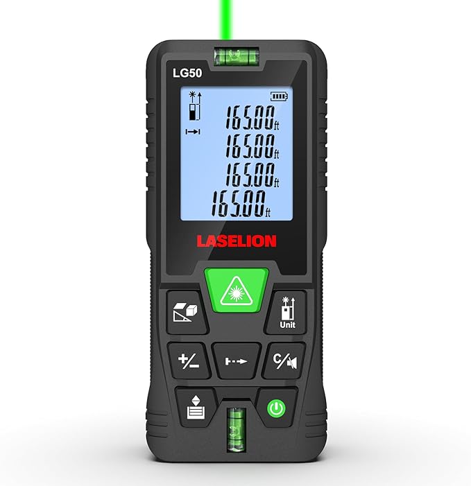 Laser Measurement Tool,165ft Green-Beam Laser Measure Device Portable M/in/Ft Unit Switching Backlit LCD Laser Distance Measure for Pythagorean Mode,Measuring Distance,Area,Volume-LG50