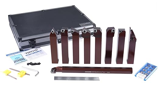 Accusize Industrial Tools 1" Shank, 9-Piece Indexable Turning & Boring Set, Uncoated Sharp-Edge Carbide Inserts for Aluminum, 3988-0001