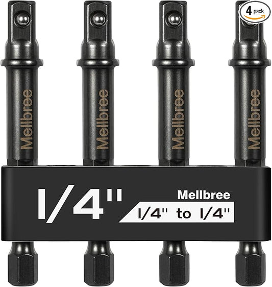 Mellbree Impact Socket Adapter, 4 Pack 1/4 Inch Drill Socket Adapter for Impact Driver/Drill, Automotive DIY, Extension Socket Bits, Handle Nut Driver and Drills