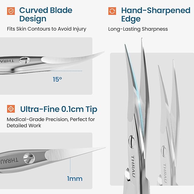 THRAU Left-Handed Cuticle Scissors ??Surgical Grade Stainless Steel with Sharp Curved Tip for Cuticles, Nails, Eyebrows, Eyelashes, Nose Hair & Beard ??Ideal for Manicure & Precise Grooming