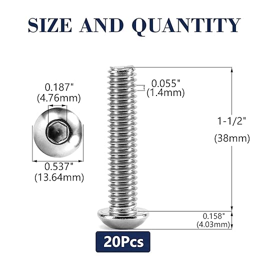5/16-18 x 1-1/2" Button Head Socket Cap Bolts Screws, 20Pcs 304 Stainless Steel 18-8, Allen Hex Drive, Bright Finish by SG TZH(with Hex Spanner)
