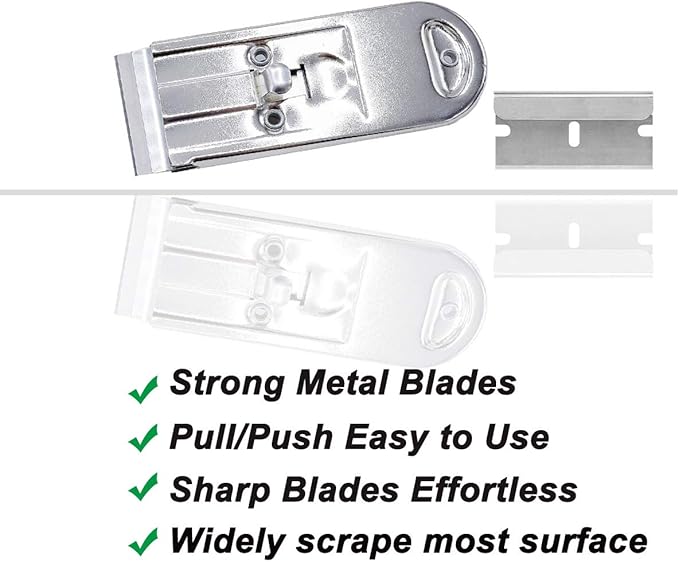 Razor Blades Metal Scraper Tool Pull Push Glass Scraper Stove Top Scraper Window Ceramic Scraper with10 PCS Single Edge Replacement Scraper Blades Removing Decal Label Residue Sticker,Silver