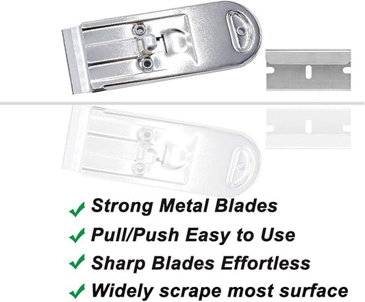 Razor Blades Metal Scraper Tool Pull Push Glass Scraper Stove Top Scraper Window Ceramic Scraper with10 PCS Single Edge Replacement Scraper Blades Removing Decal Label Residue Sticker,Silver