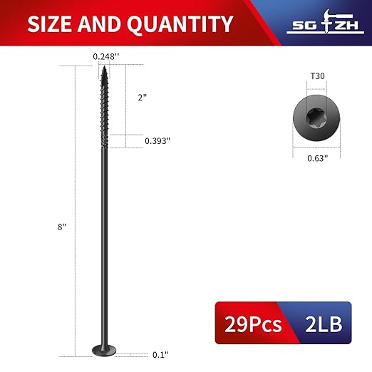 #14 x 8 Inch Outdoor Structural Wood Deck Screws (29Pcs/2lb), Carbon Steel, Black, Flat Head, Rust Resistant Epoxy Coated, T30 Star Bit