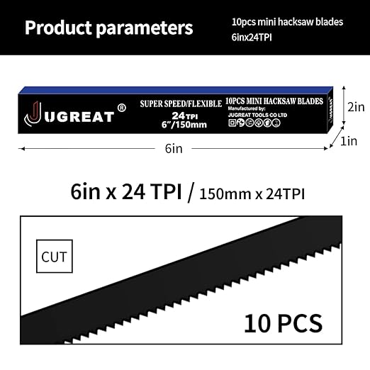 JUGREAT Professional Steel Mini Hacksaw Blades 6" / 150mm Length(24T 10 Pack), High Speed Steel Grounded Medium Teeth