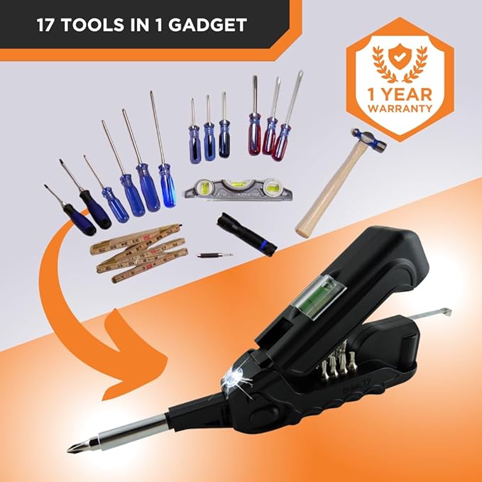 Kelvin Tools Kelvin 17 | The Palm-Sized Everyday Multi-Tool Set | 17 Integrated Tools: 13 Bit Screwdriver Set, Tape Measure, Liquid Level, Hammer, and Flashlight (Orange)