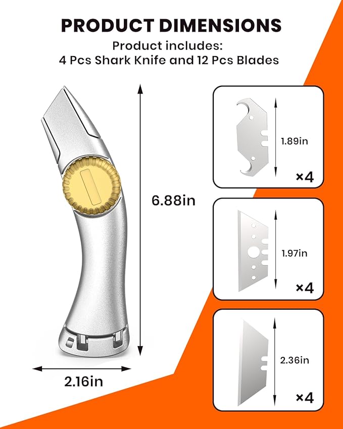 4PCS Silver Fixed Blade Roofing Knife, Heavy Duty Utility Knife for Drywall, Vinyl, Carpet Cutting, Metal Roofing Tools with Portable Storage Sheath, Replacement Blades, Navajas para Roofing