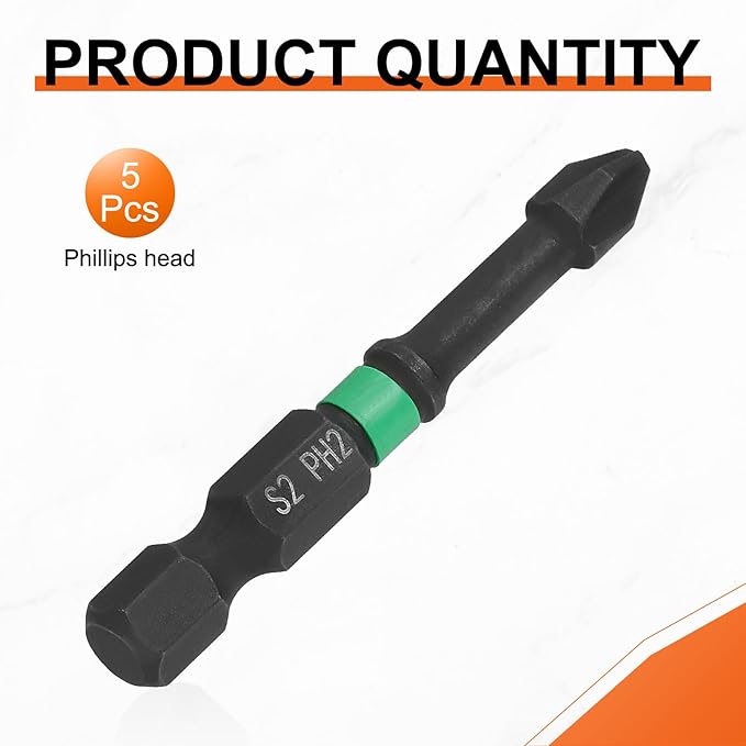 HARFINGTON 5pcs #2 Impact Phillips Screwdriver Bit PH2 1/4" Hex Shank 2" (50mm) Length 0.17" Rod Magnetic Cross Head Drill Bits S2 Steel Industrial Screw Drivers for Impact Power Tools