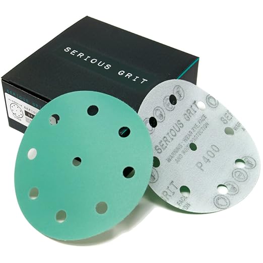 Serious Grit - 5-Inch 9-Hole 400 Grit Sanding Discs - Heavy-Duty Hook & Loop Film Discs - Sandpaper for Random Orbital Sanders - 50 Pack Box