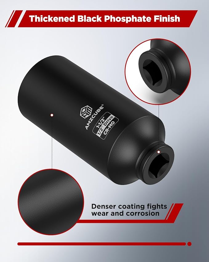 1/2" Drive 1-1/2" Deep Impact Socket, 4.7 Inch Anti-Break Cr-Mo Long Socket with 6-Point Radius Corner Design
