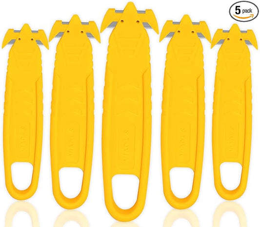 Safety Box Cutter, T TOVIA SK2 Stainless Steel Concealed Blade Package Opener with Tape Splitter for Cartons, Cardboard, Wrap, Straps, Film (5 Pieces - Yellow)