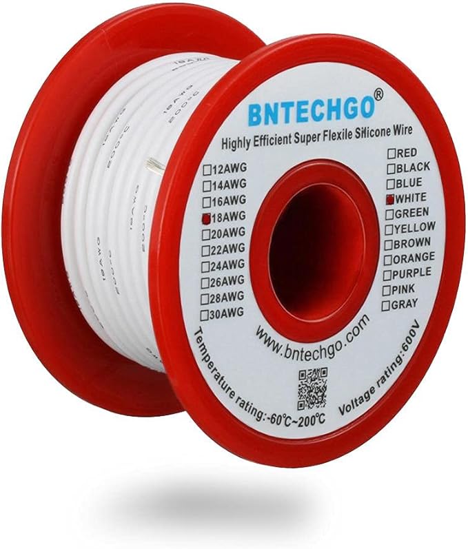 BNTECHGO 18 Gauge Silicone Wire Spool 50 ft White Flexible 18 AWG Stranded Tinned Copper Wire Single Conductor Wire