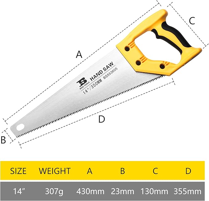 14 in. Pro Hand Saw, 11 TPI Fine-Cut Soft-Grip Hardpoint Handsaw Perfect for Sawing, Trimming, Gardening, Cutting Wood, Drywall, Plastic Pipes, Sharp Blade, Ergonomic Non-Slip Handle