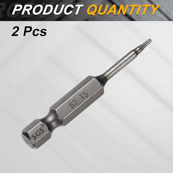 HARFINGTON 2pcs T5 Torx Head Screwdriver Bit 1/4" Hex Shank 2" (50mm) Long Magnetic No Hole Tip Tamper Proof 6 Point Star Screw Driver Drill Bits S2 Steel Industrial Power Screwdrivers