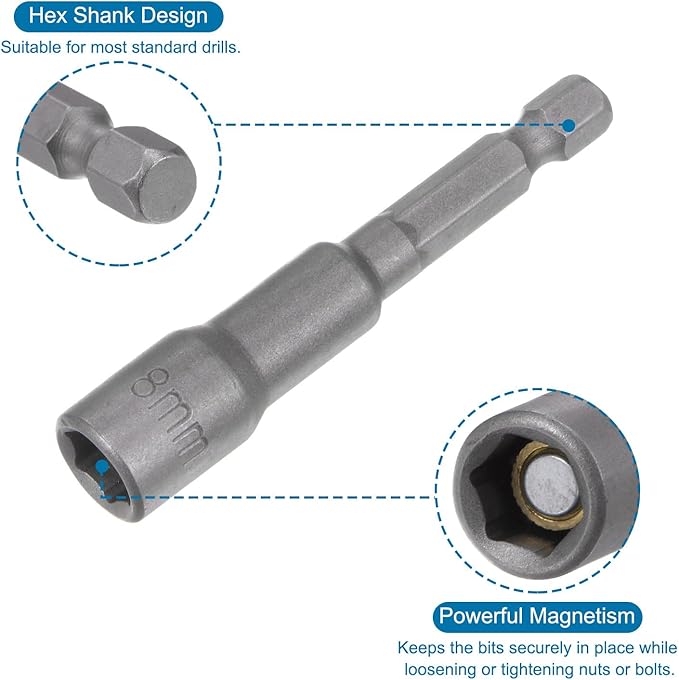 uxcell 8mm Magnetic Hex Socket 65mm/2.56", 1/4" Hex Shank Magnetic Power Nut Driver Set CR-V Quick-Release Extensions for Impact Drill Nut Setters Socket Wrench Screw, 2 Pcs
