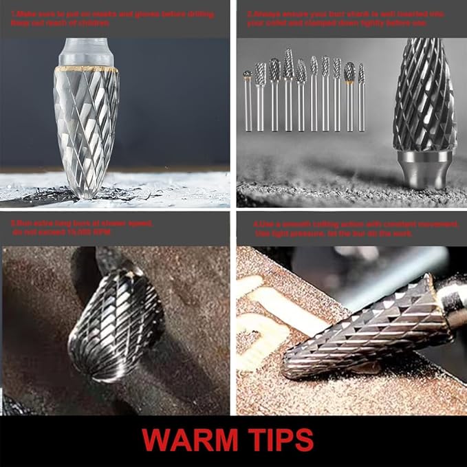 Carbide Burr Set 1/4" Shank 10PC Tungsten Double Cut Carbide Rotary Burr Set for Metal and Wood Carving, Grinding, Polishing, Engraving, Drilling in Wooden Case.