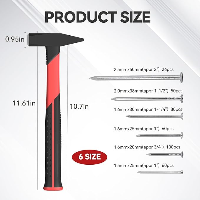 Machinist Engineers Hammer with 376pcs Nails Set, Smooth Face and Forged Steel,Shock-Absorbing Fiberglass Handle, Red and Black Handle Blacksmith Forging Tools 300 grams