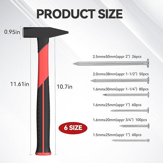 Machinist Engineers Hammer with 376pcs Nails Set, Smooth Face and Forged Steel,Shock-Absorbing Fiberglass Handle, Red and Black Handle Blacksmith Forging Tools 300 grams