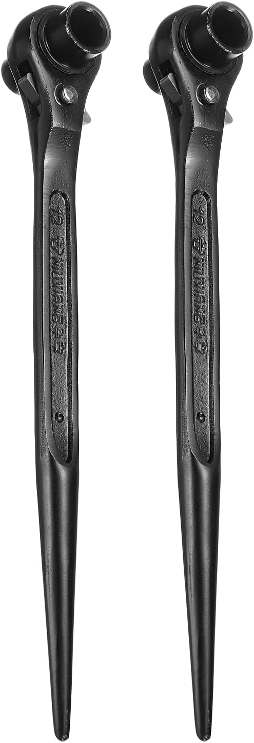 HARFINGTON 2pcs Scaffolding Podger Ratchet Wrench 10mm x 12mm CR-V 12 Point Double Ended Socket Ratcheting Podger Scaffold Spud Spanner Tool for Auto Repair Mechanical Maintenance, Black