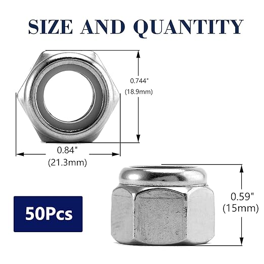 1/2-13 Nylon Insert Hex Lock Nuts 50Pcs 304 Stainless Steel Locknuts, Hex Drive, Bright Finish, by SG TZH