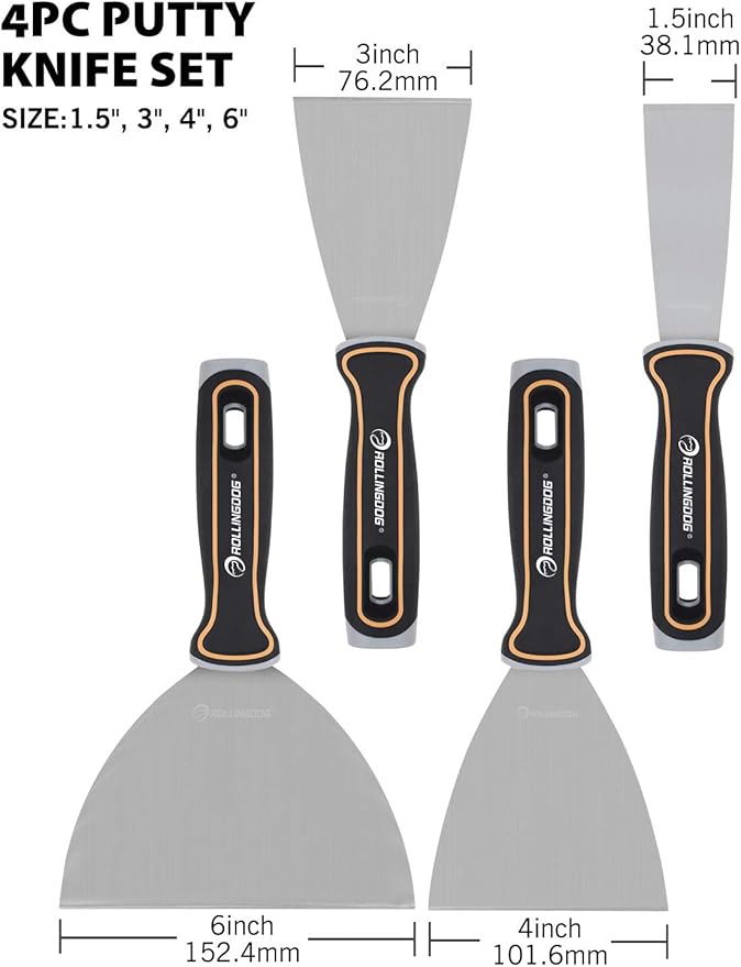 ROLLINGDOG 4PC Putty Knife Set(1.5",3",4",6") - Putty Knives Spackle Knife Great for Putty Scraper, Cleaning, Spreading on Drywall Repairs