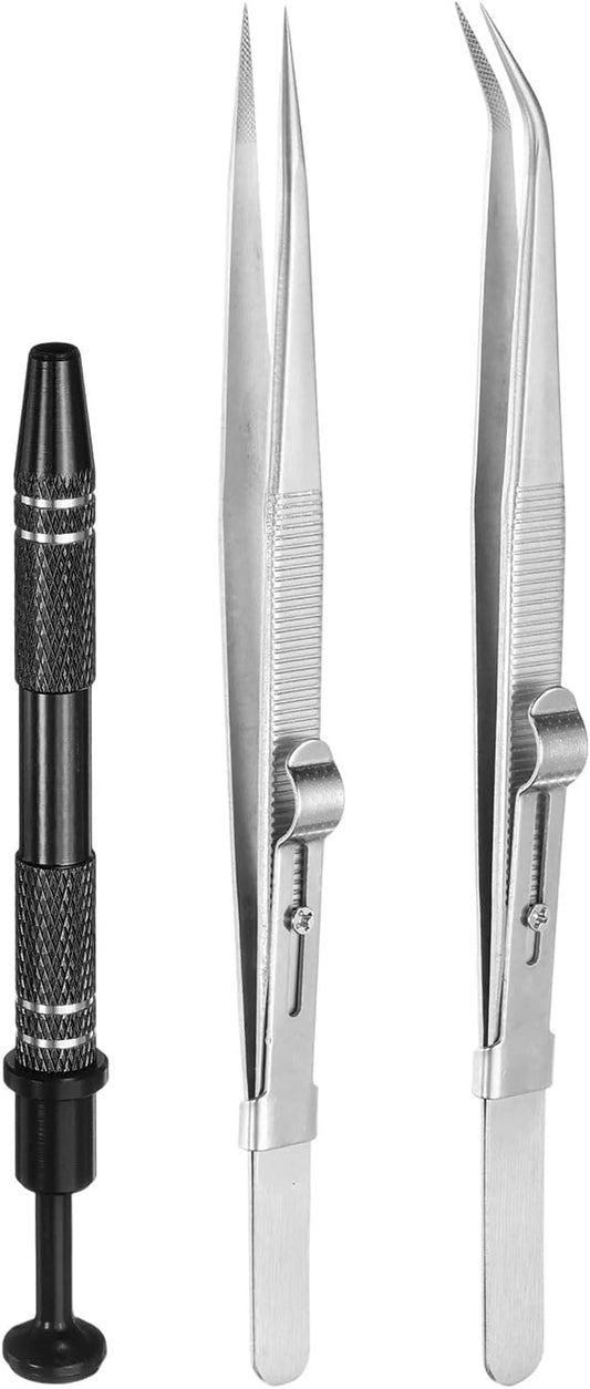 HARFINGTON 3pcs Diamond Tweezer Holder Pick Up Tool Set Stainless Steel 4 Claw Holder Straight/Elbow Head Jewelry Locking Tweezer for Tiny Objects Electronic Components, Silver/Black