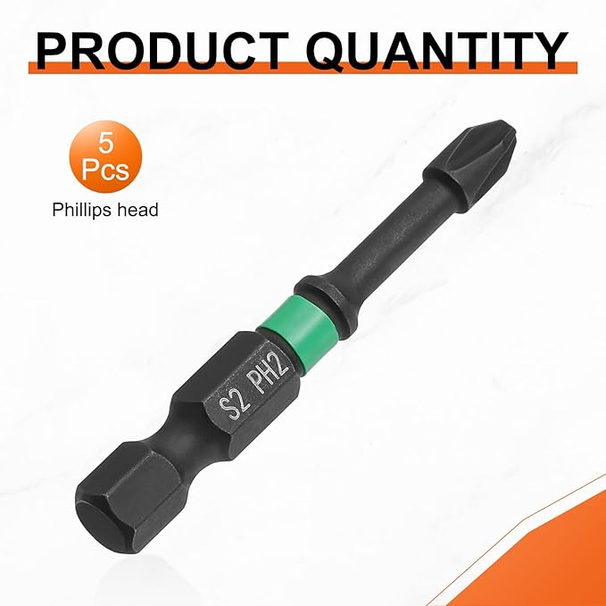 HARFINGTON 5pcs #2 Impact Phillips Screwdriver Bit PH2 1/4" Hex Shank 2" (50mm) Length 0.14" Rod Magnetic Cross Head Drill Bits S2 Steel Industrial Screw Drivers for Impact Power Tools