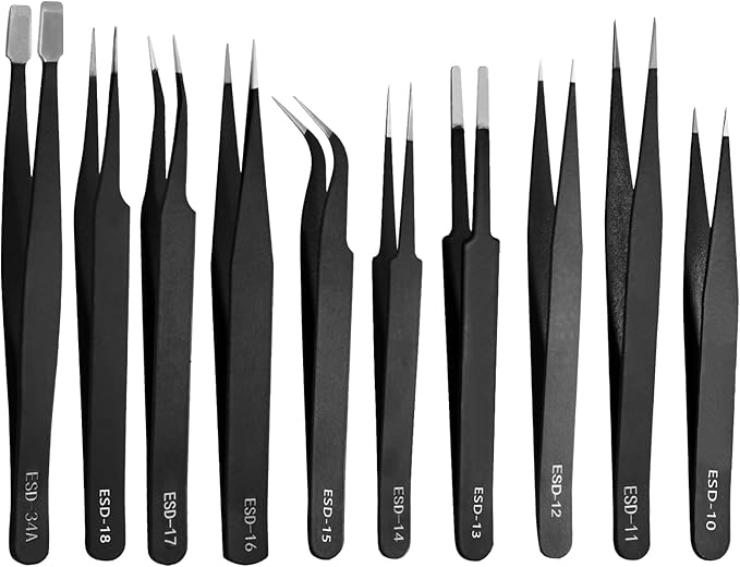 10 PCS Precision ESD Tweezers Set - Anti-Static Stainless Steel Tools Kit for Electronics, Jewelry Repair, Soldering, and Crafting Projects