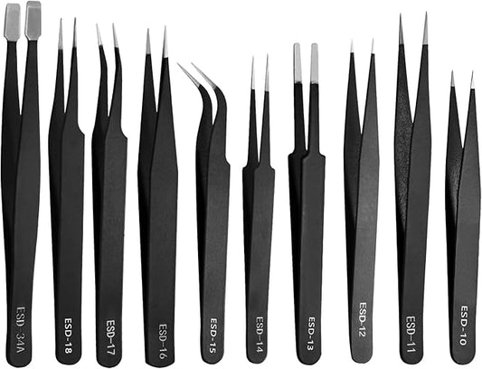 10 PCS Precision ESD Tweezers Set - Anti-Static Stainless Steel Tools Kit for Electronics, Jewelry Repair, Soldering, and Crafting Projects