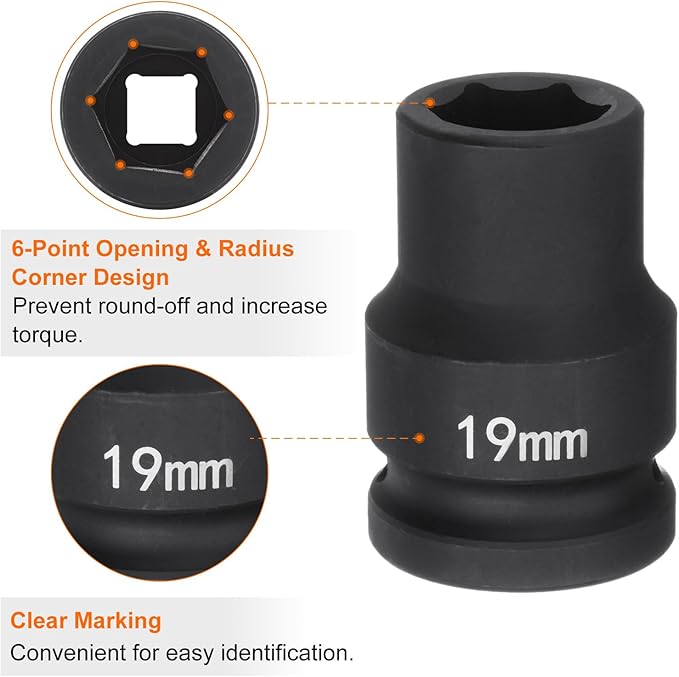 HARFINGTON 6-Point Impact Socket 3/4" Drive 19mm Metric 40Cr Alloy Steel Spindle Axle Nut Impact Socket
