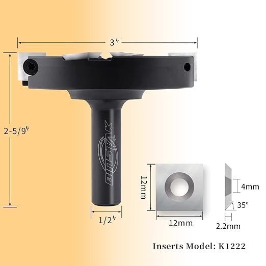 CNC Spoilboard Surfacing Router Bit,1/2 Inch Shank 3 Inch Cutting Diameter, 2+2 Carbide Inserts Slab Flattening Router Bit Planer Bit for Wood Spoil Board Planing