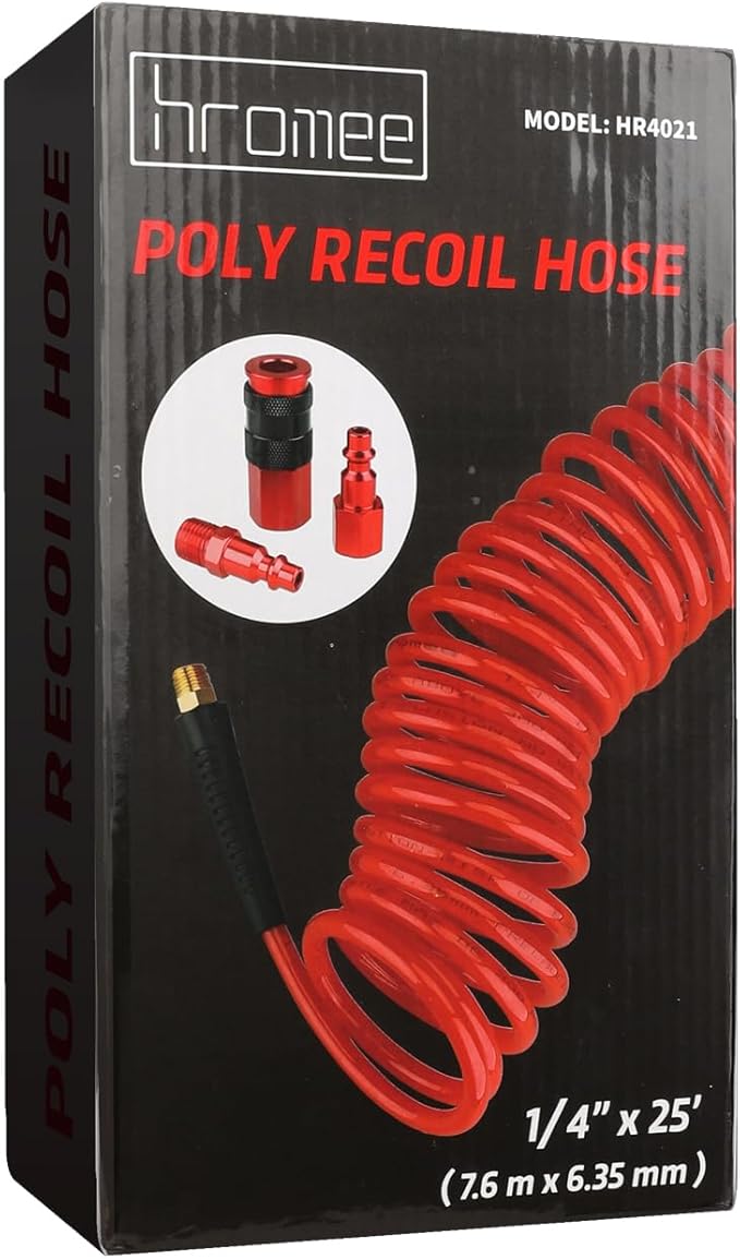 Hromee 1/4 in x 25 ft Polyurethane Recoil Air Hose with Bend Restrictors Compressor Hose with 1/4" Industrial Universal Quick Coupler and I/M Plug Kit, Red