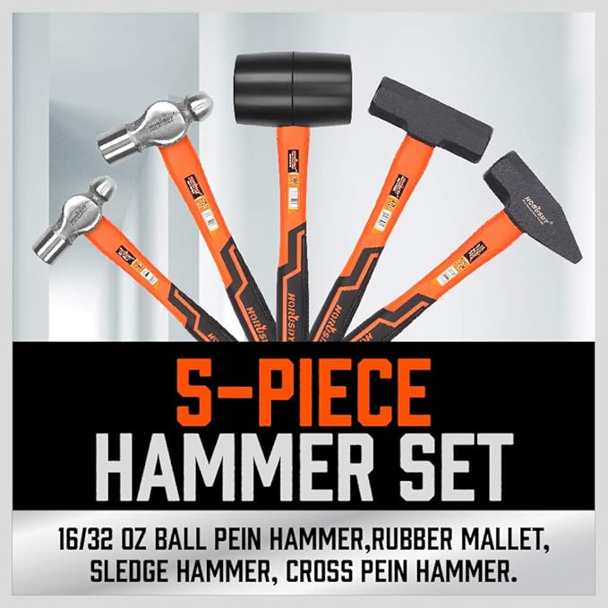 HORUSDY 5-Piece Hammer Set, 16oz and 32oz Ball Pein Hammers, 32oz Rubber Mallet, 3lb Sledge, 3lb Cross Peen Hammer