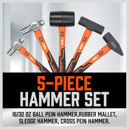 HORUSDY 5-Piece Hammer Set, 16oz and 32oz Ball Pein Hammers, 32oz Rubber Mallet, 3lb Sledge, 3lb Cross Peen Hammer