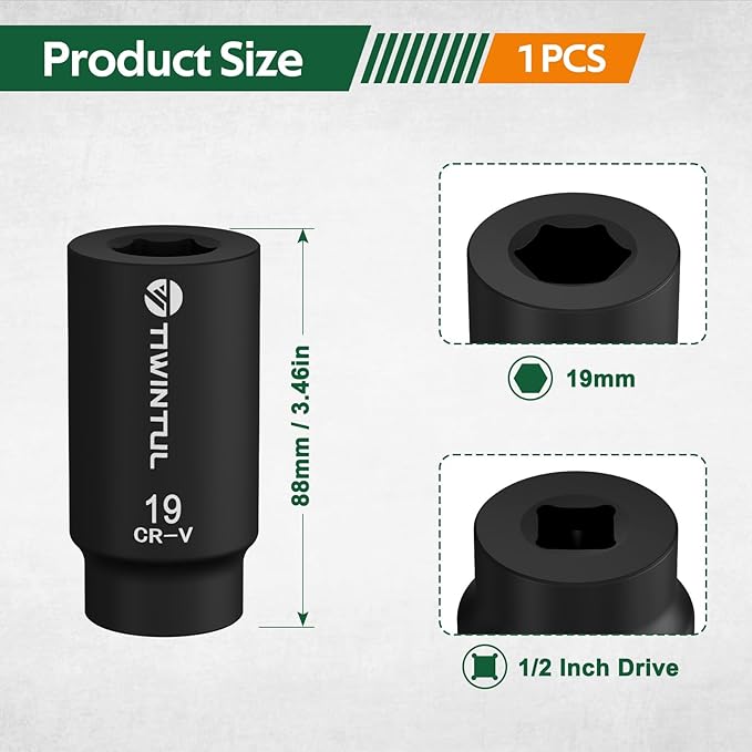 For Honda 19mm Harmonic Balancer Socket Tool 77080 Crank Bolt Socket 1/2", 3 Times Momentum Power of Standard Impact Sockets, 6-Point Crank Bolt Remover for Stubborn Bolts
