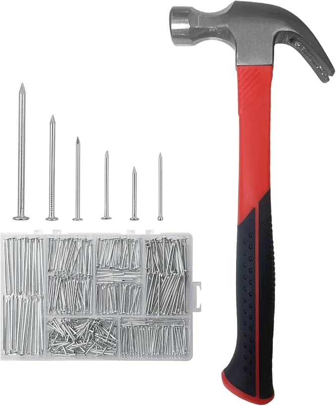 16oz Claw Hammer with 376pcs Nails Set, Smooth Face and Forged Steel Head, Shock-Absorbing Fiberglass Handle, Red and Black Handle for Carpentry and General Purpose
