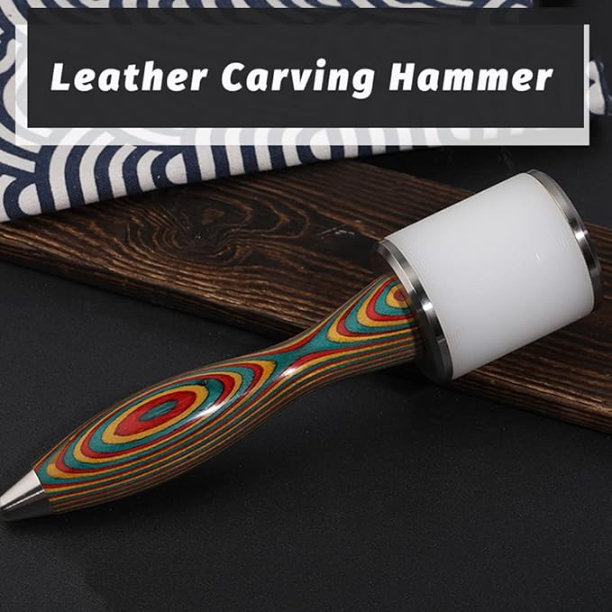 Leather Working Mallet, Leather Mallet Leather Carving Hammer, Leather Maul Nylon Straight Head Comfortable Wooden Handle Hammer DIY Leatherworking (Colorful/Water-Rippled)