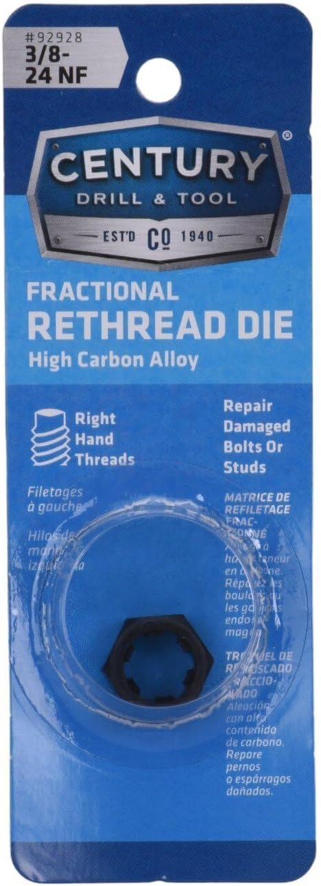 Century Drill & Tool, 92928, 3/8-24 NF, National Fine Fractional Right Hand Rethreading Die, High Carbon Steel, Fix Bolts or Studs