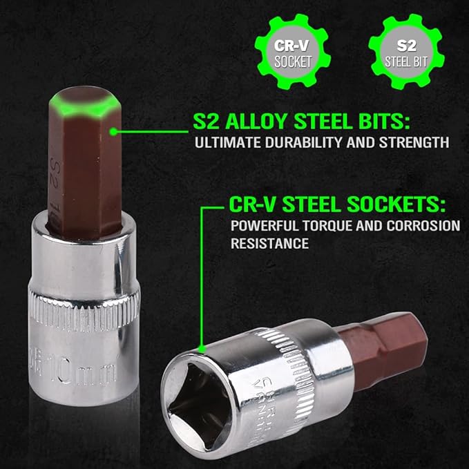 SWANLAKE 32 Piece Hex Bit Socket Set,SAE and Metric, 1/4'', 3/8', 1/2'' Drive Socket Set, S2 & Cr-V Steel