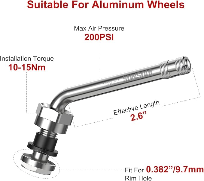SUNSOUL TR555D 10pcs 60 Degree Bend Truck Tire Valve Stems, Compatible with 22.5in 24.5in Aluminum Wheels with 9.7mm Valve Holes