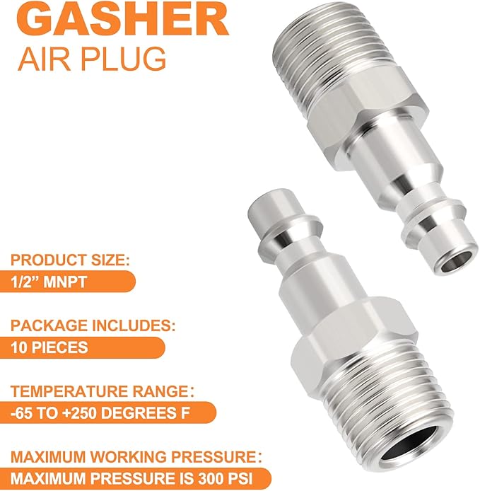 GASHER 1/2-Inch NPT Male Industrial Air Plug,1/4-Inch High Flow Pneumatic Plugs 300PSI (10-Pack)